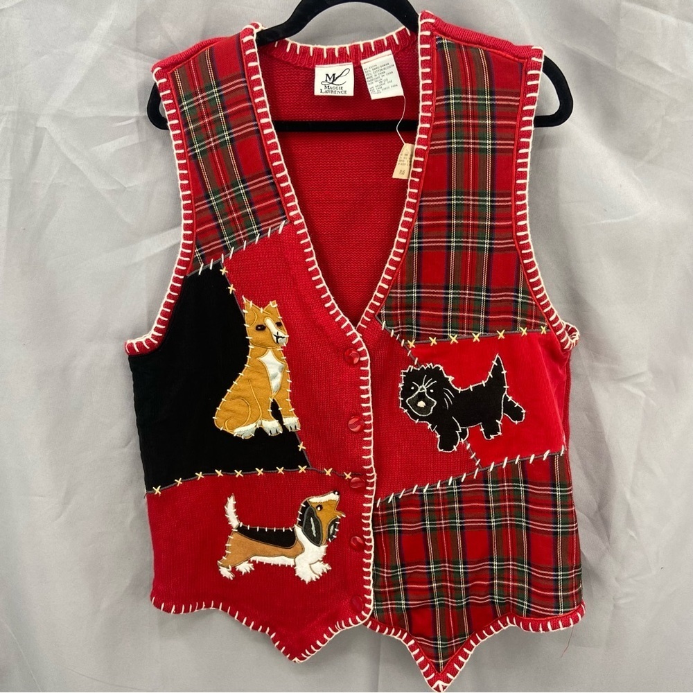 Vintage 90’s Red Plaid‎ Knit Button Front Dog Vest NWT Dead Stock Size 18/20